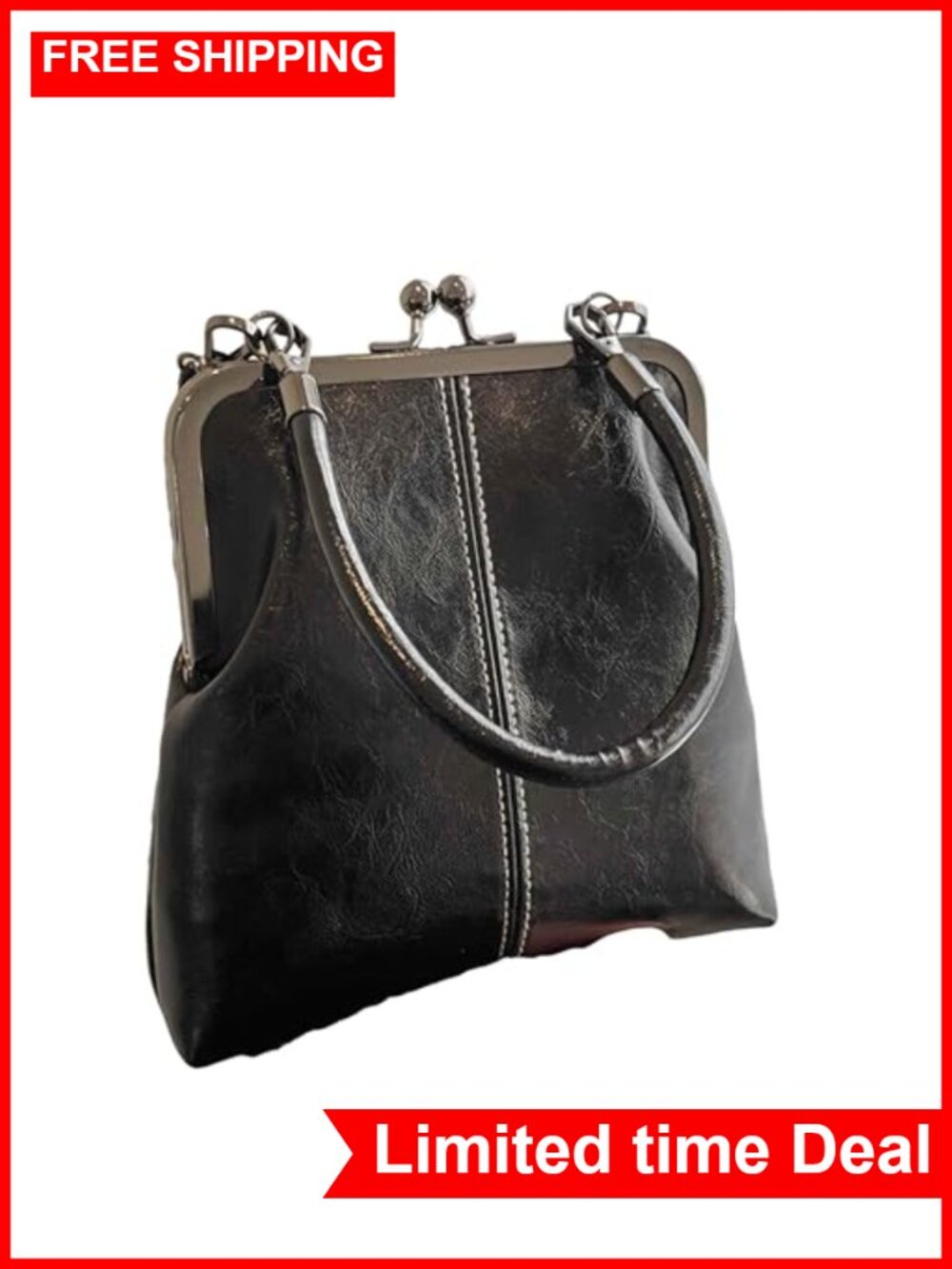 Vintage Kiss Lock Crossbody Purse with Pockets, Faux Leather Structured Handbag